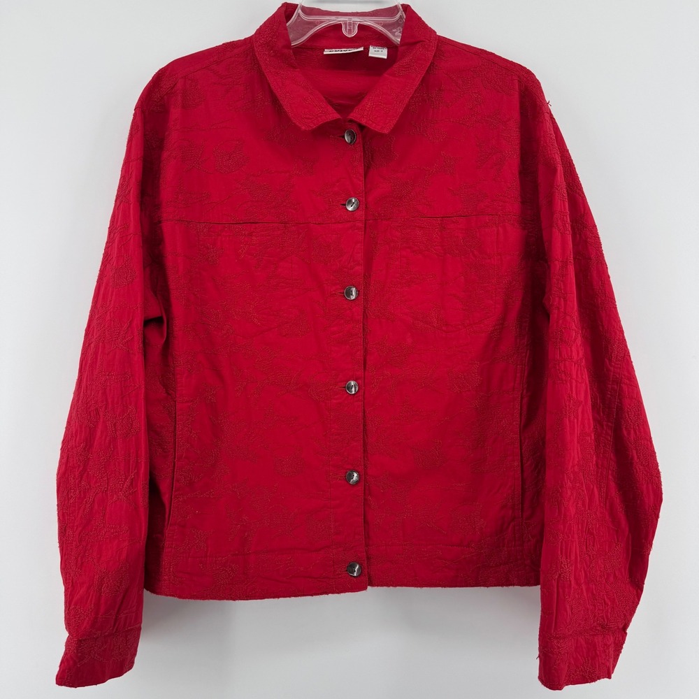 Chicos Red Embroidered Button Front Jacket Cotton… - image 2